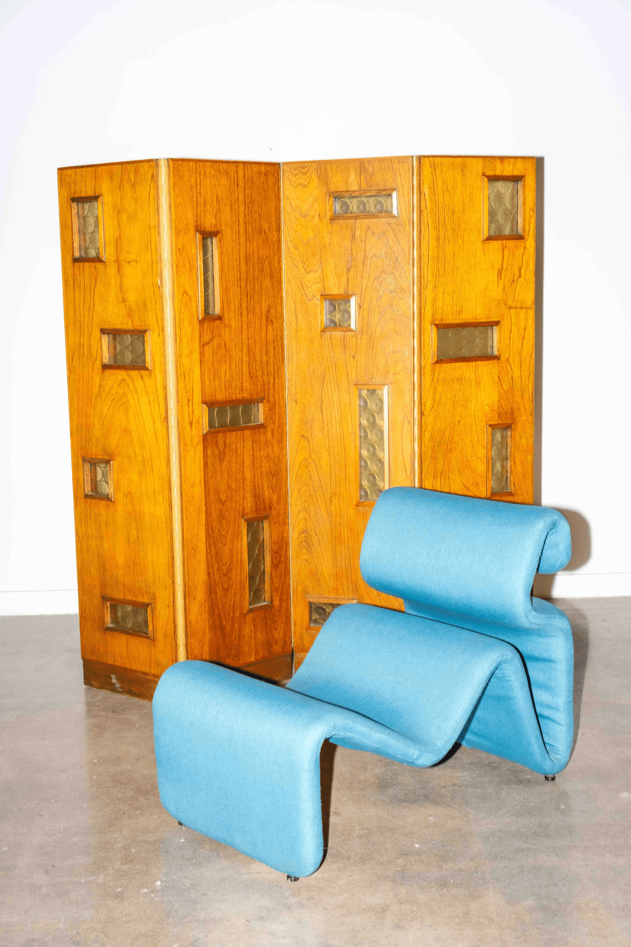 Biombo' 1950s Wood Screen with Glass Inlays