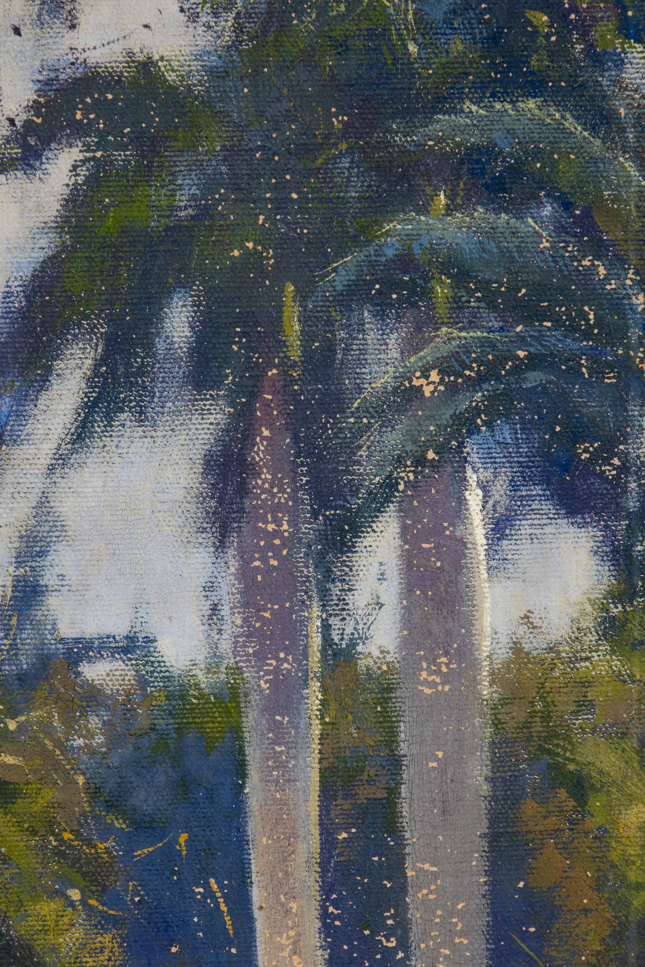 "Royal Palms", 1920s Oil Painting in Gold Frame