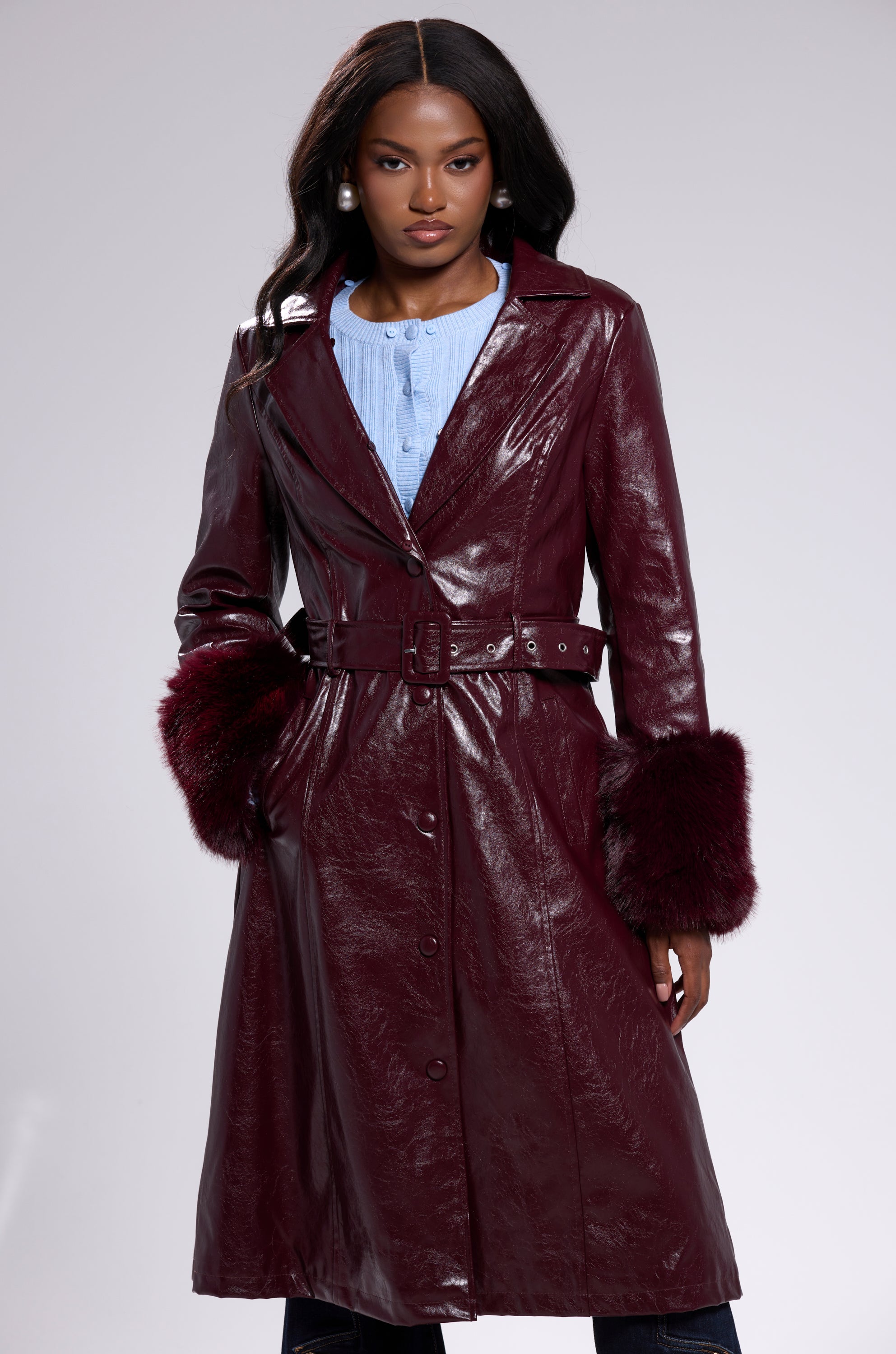 KAYA FUR TRIM TRENCH IN BURGUNDY