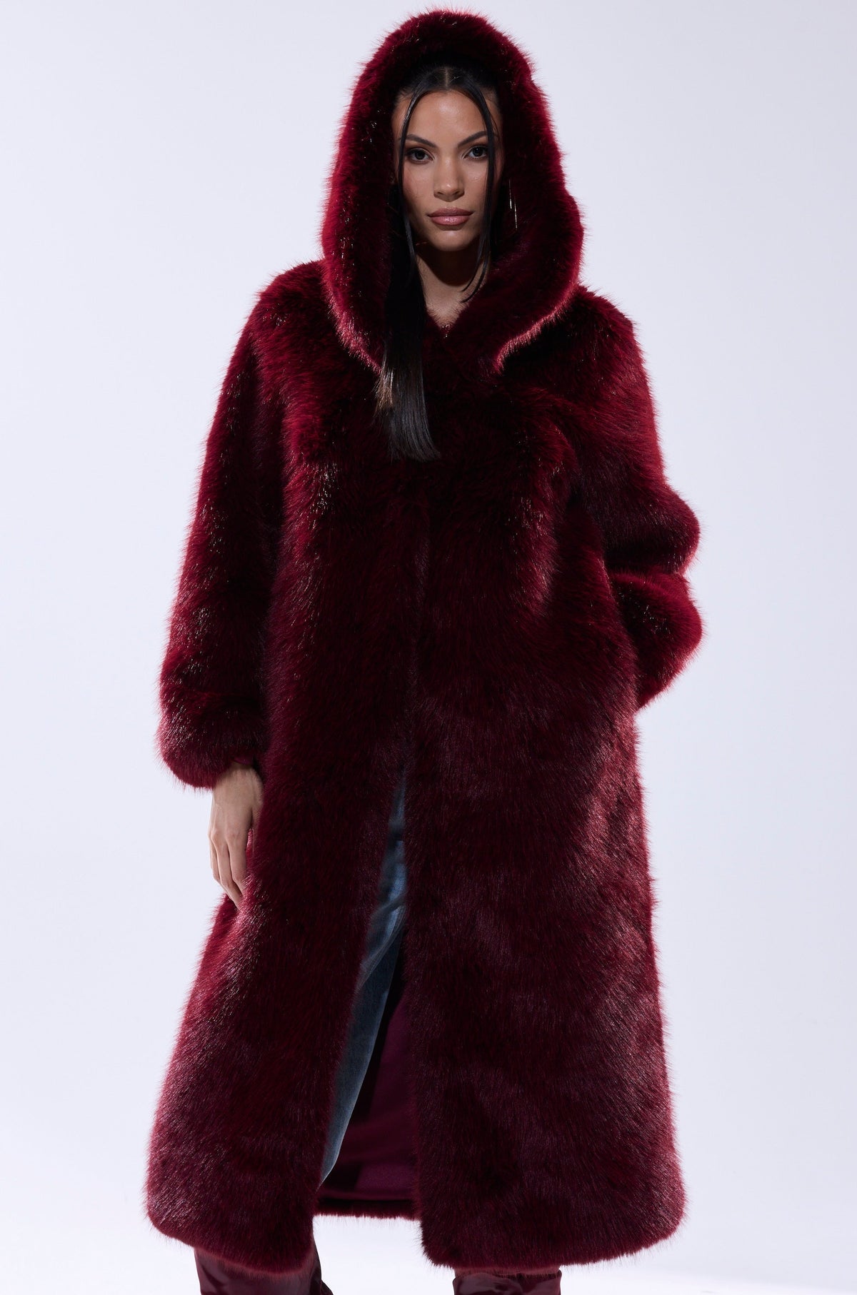 MANCHESTER HOODED FAUX FUR IN BURGUNDY