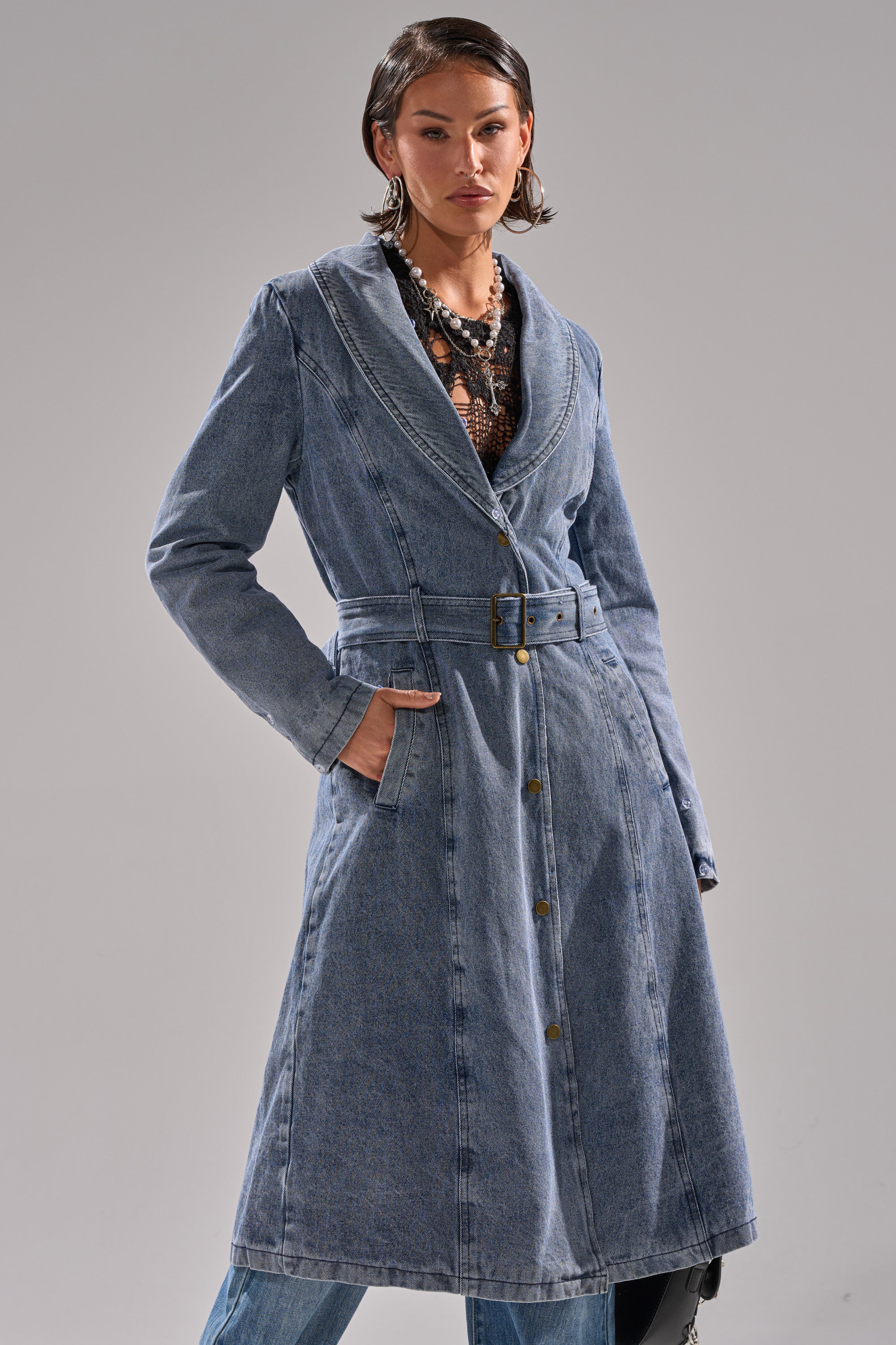 KAYA FUR TRIM DENIM TRENCH