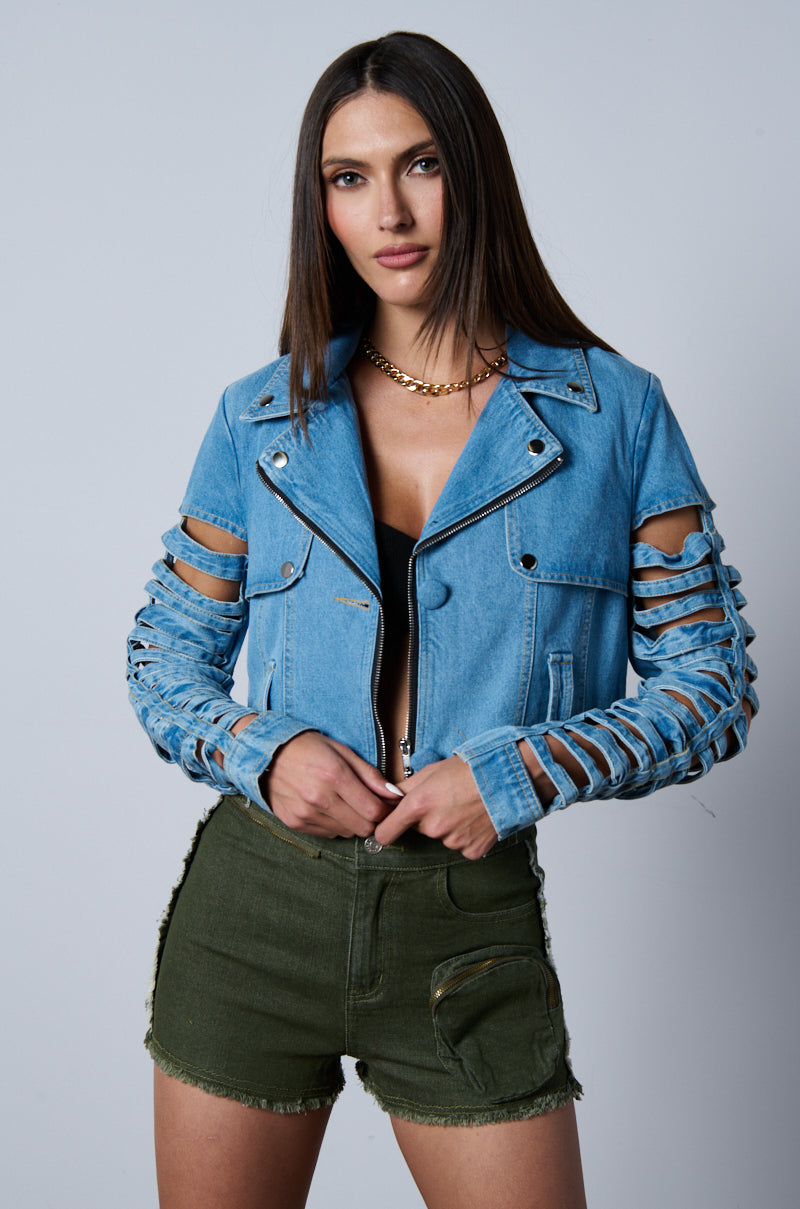 BLOSSOM DENIM CUT OUT PANEL CONVERTIBLE TRENCH