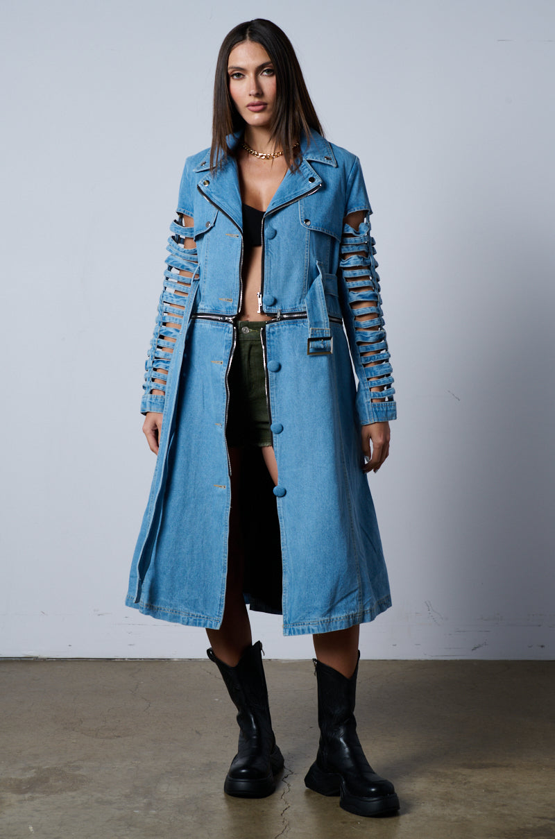 BLOSSOM DENIM CUT OUT PANEL CONVERTIBLE TRENCH
